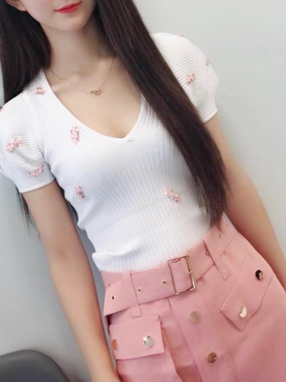 Embellished Ribbed Knit V-Neck Top | Puff Sleeve Cropped Tee